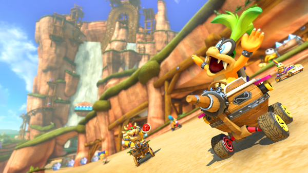 Iggy Koopa and Bowser in Shy Guy Falls in Mario Kart 8 Deluxe