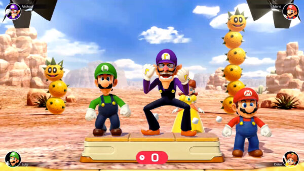 Luigi, Waluigi, Daisy, and Mario in the Flash Forward minigame