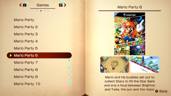 Mario Party 6 featured in the games section of the encyclopedia in Mario Party Superstars